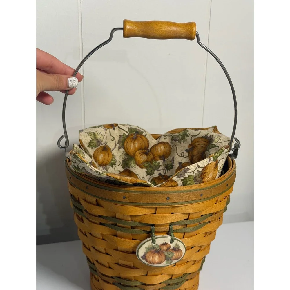 VTG Longaberger Autumn Pail Basket Sage Green 2002 Pumpkin Liner Tie-On Woven